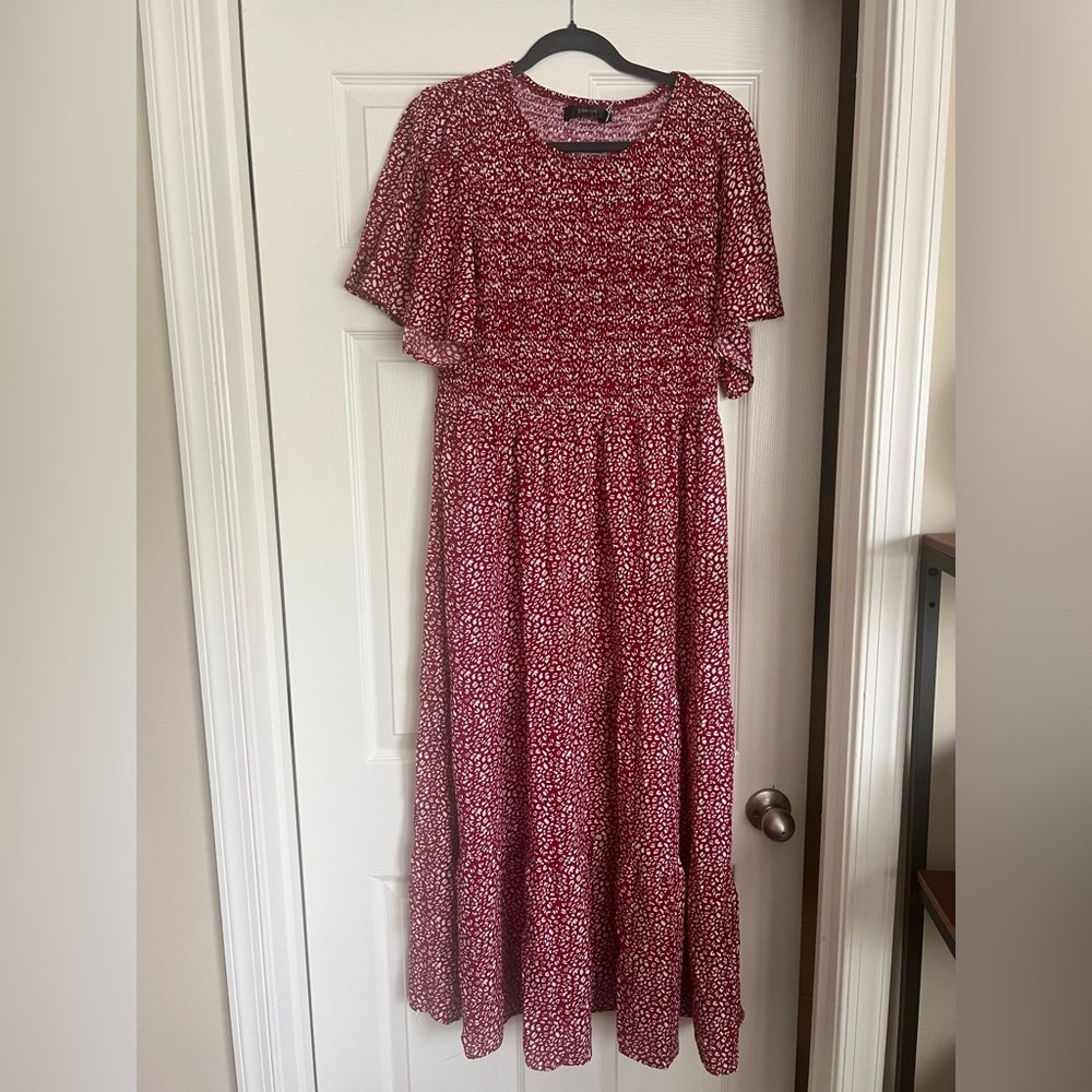 Red and White Smocked Maxi Sundress with Flutter Sleeves
